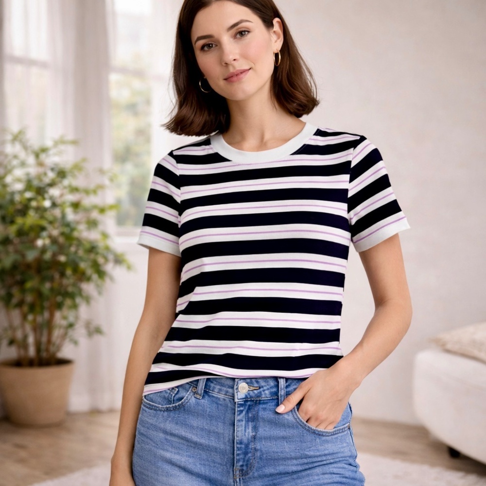 Maeve by Anthropologie M Soft Stretch Cotton Tee Stripe‎ Short Sleeves